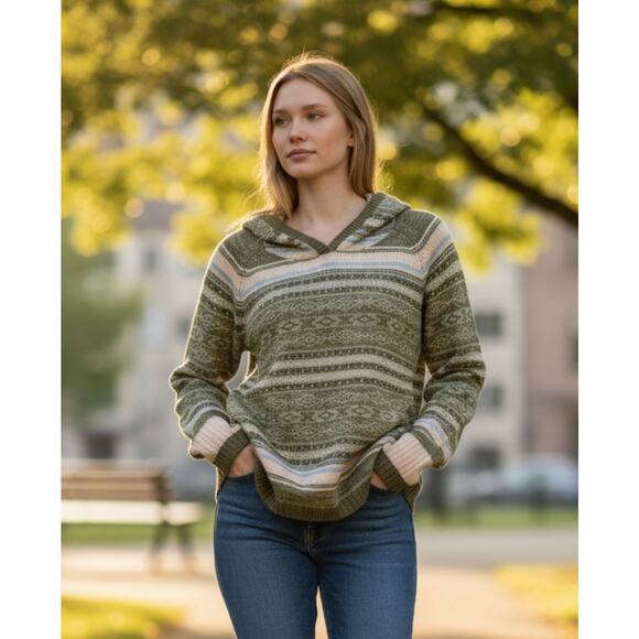 Old Navy Green Fair Isle Nordic 100% Lambswool Sweater Hoodie Size XL - Picture 1 of 4